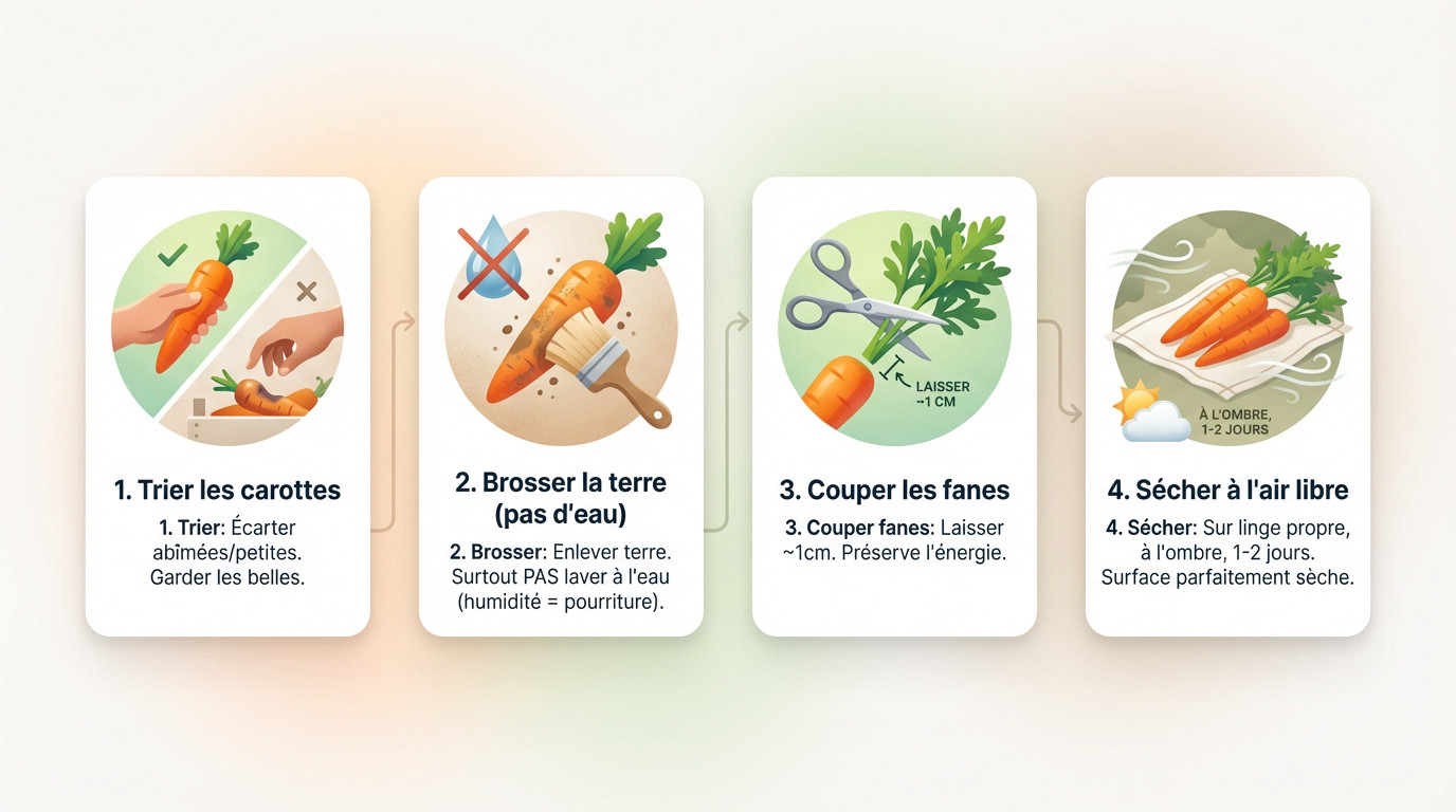 Schéma des 4 étapes clés pour préparer les carottes : trier, brosser, couper et sécher