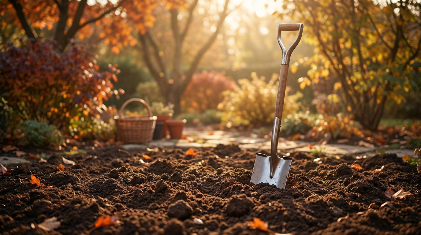 Jardinier préparant son potager en automne avec une bêche sur terre argileuse