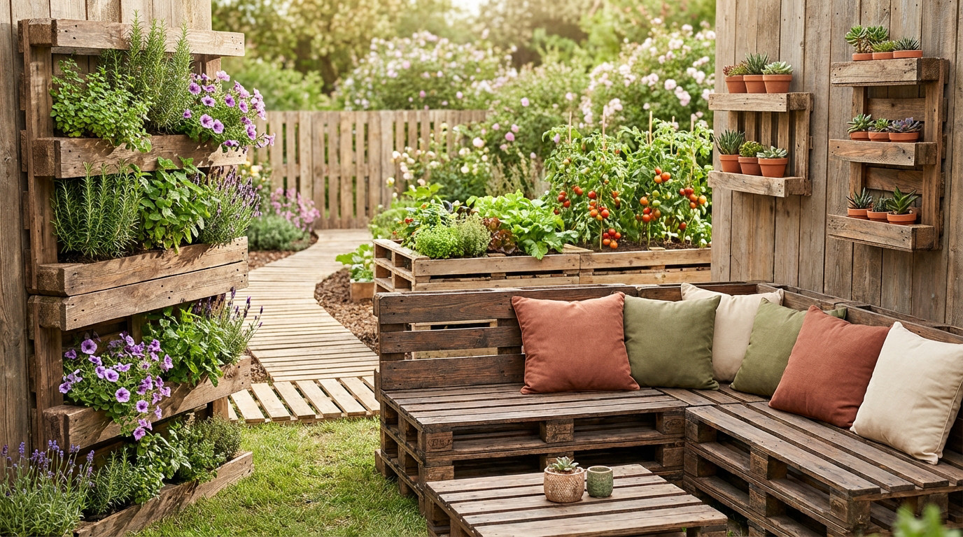 Palette en bois HT transformée en mobilier de jardin durable et esthétique