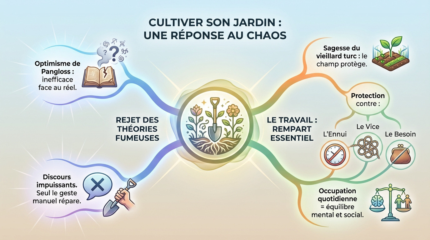 Illustration symbolique de Candide choisissant l'action concrète face au chaos du monde