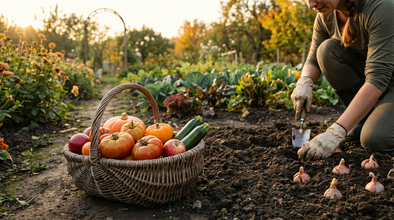 Jardin en septembre avec légumes d'été et semis de mâche et épinards