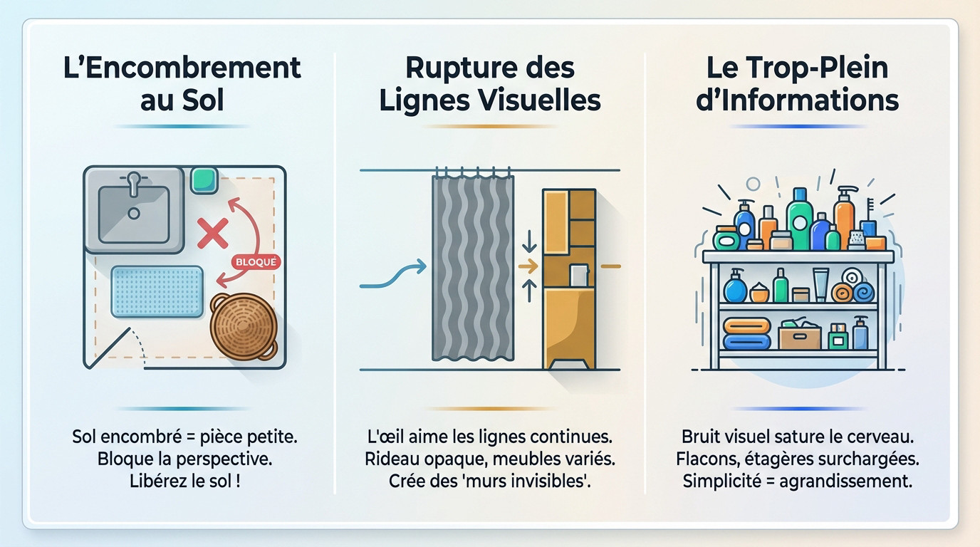 Schéma illustrant les erreurs d'aménagement qui réduisent l'espace visuel dans une salle de bain