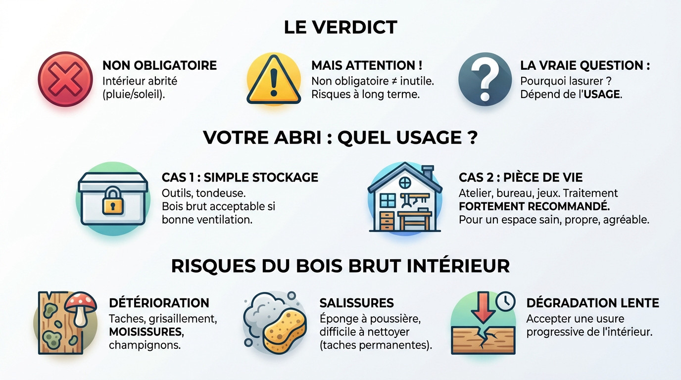 Application de lasure intérieure sur les parois d'un abri de jardin en bois
