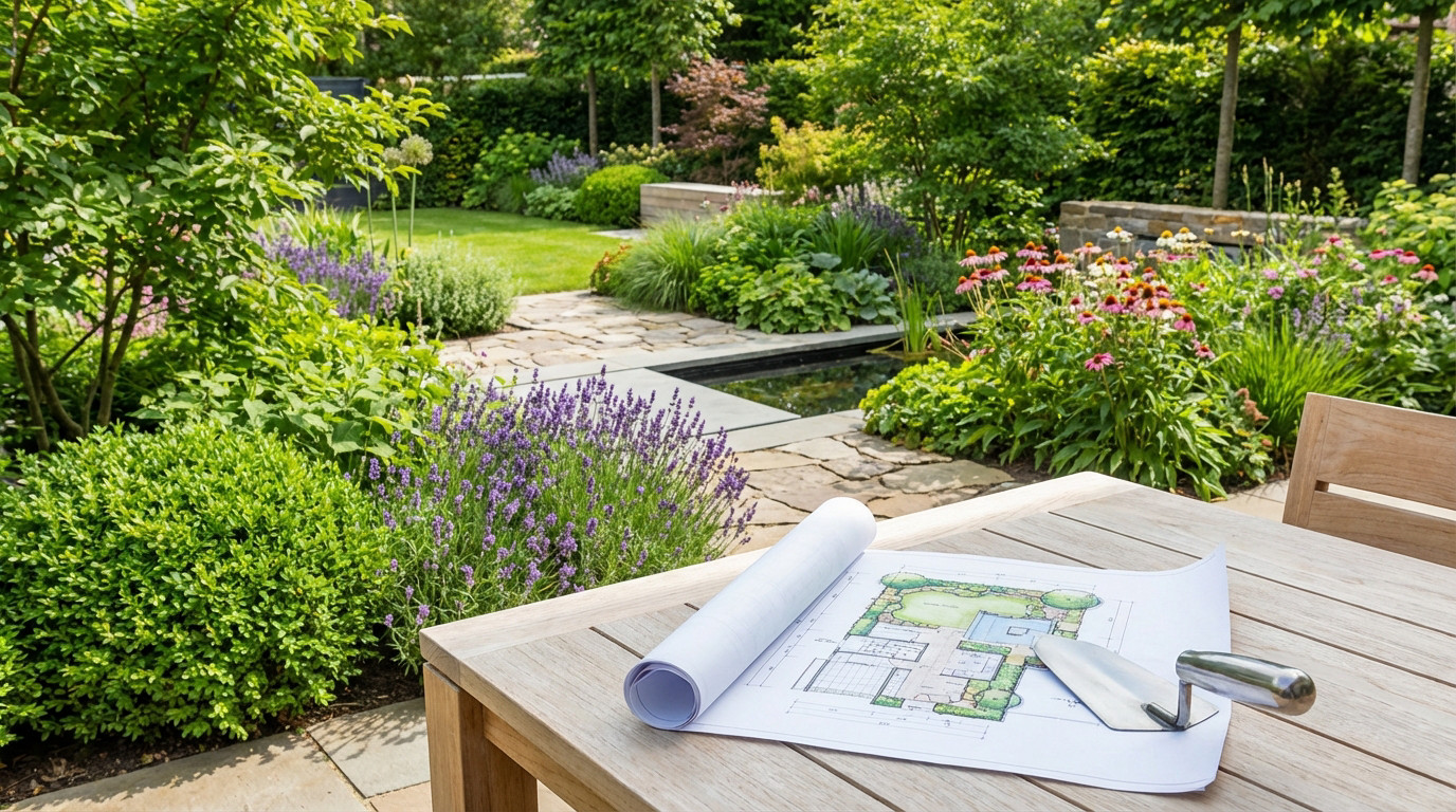 Aménagement de jardin avec zones de vie distinctes et plantes adaptées