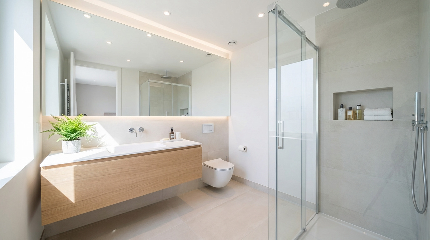 Bright, modern bathroom: floating wood vanity, large frameless mirror, wall-hung toilet, glass shower. Neutral tones and ample light create spaciousness.