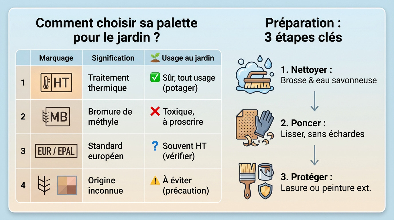 Vérification des marquages de sécurité sur une palette en bois avant usage au jardin
