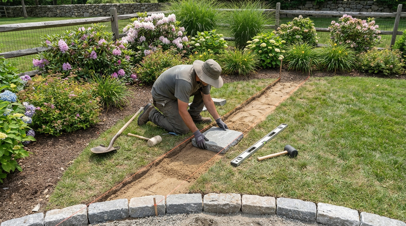 Installation de bordures de jardin en pierre pour un tracé net et durable