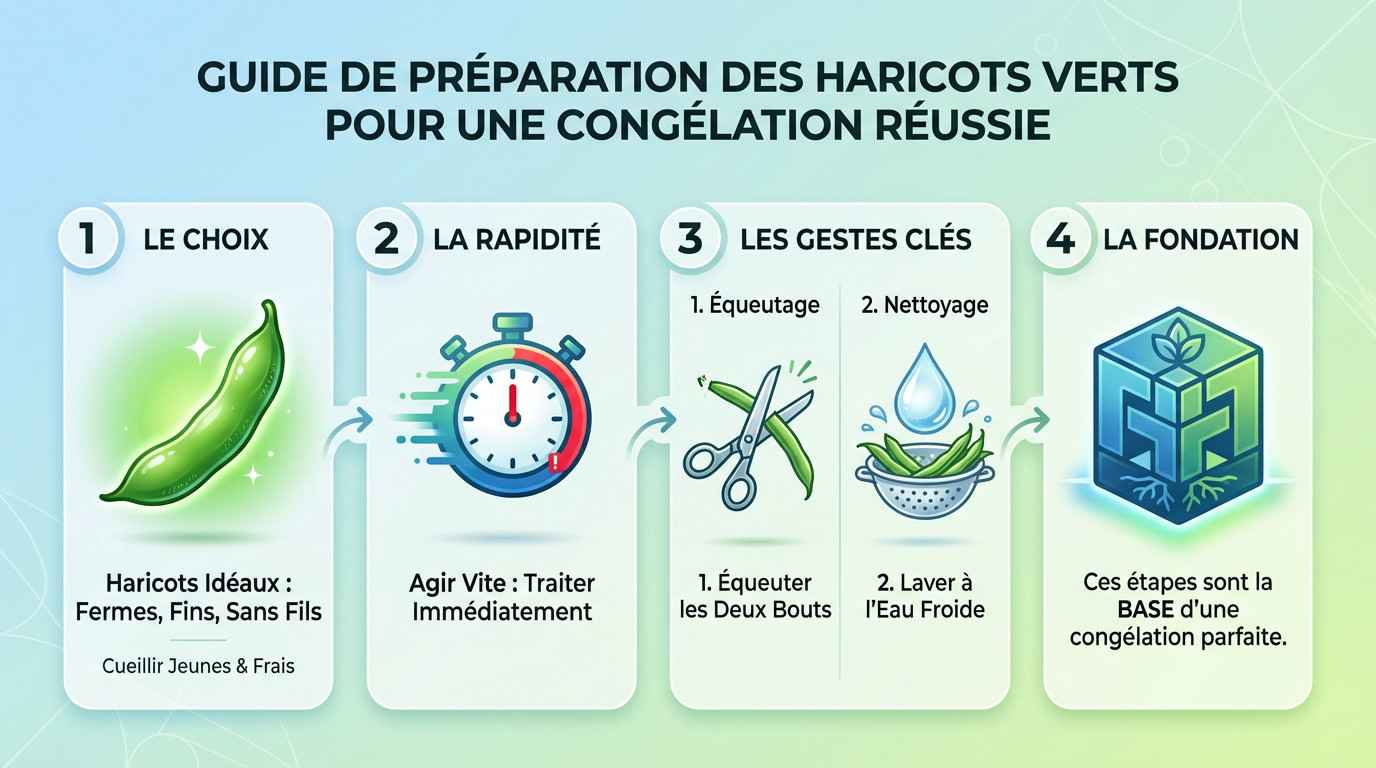 Préparation minutieuse des haricots verts avant congélation
