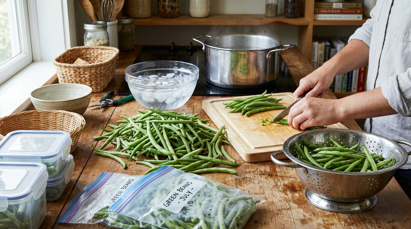 haricots verts frais du jardin prêts à être blanchis pour congélation