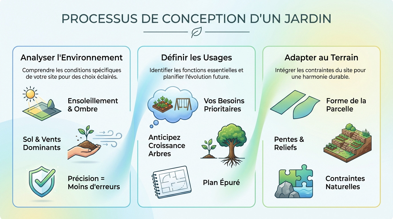 Schéma explicatif du processus de conception d'un jardin et plan de masse