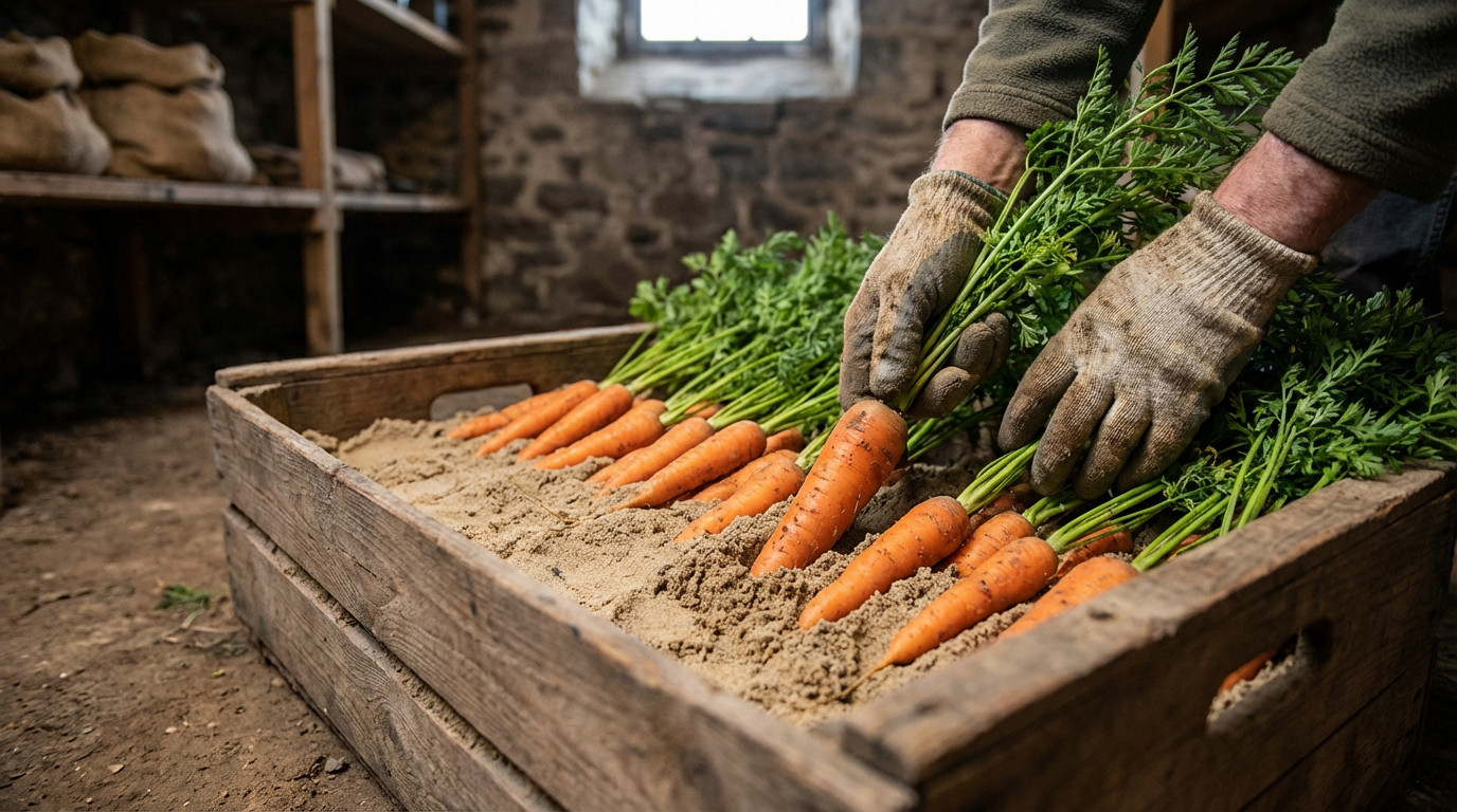 Carottes du jardin prêtes à être conservées dans du sable sec pour l'hiver