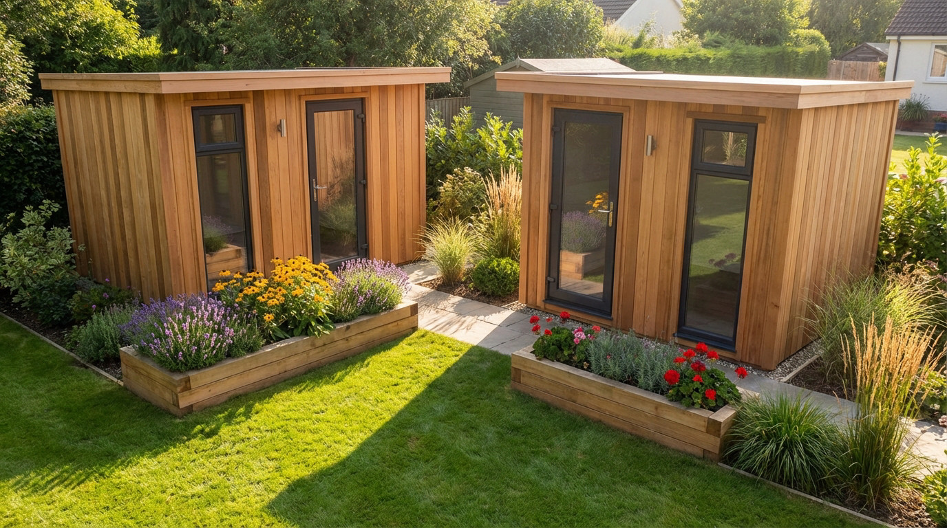 Deux abris de jardin de 5m2 installés dans un jardin, respectant les règles d'urbanisme