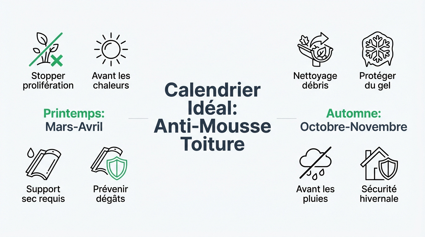 Calendrier pour l'application d'un traitement anti-mousse sur une toiture en tuiles