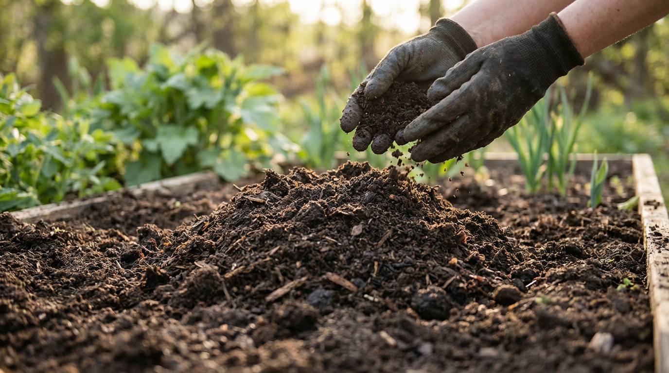 Compost application in autumn for enriching garden soil