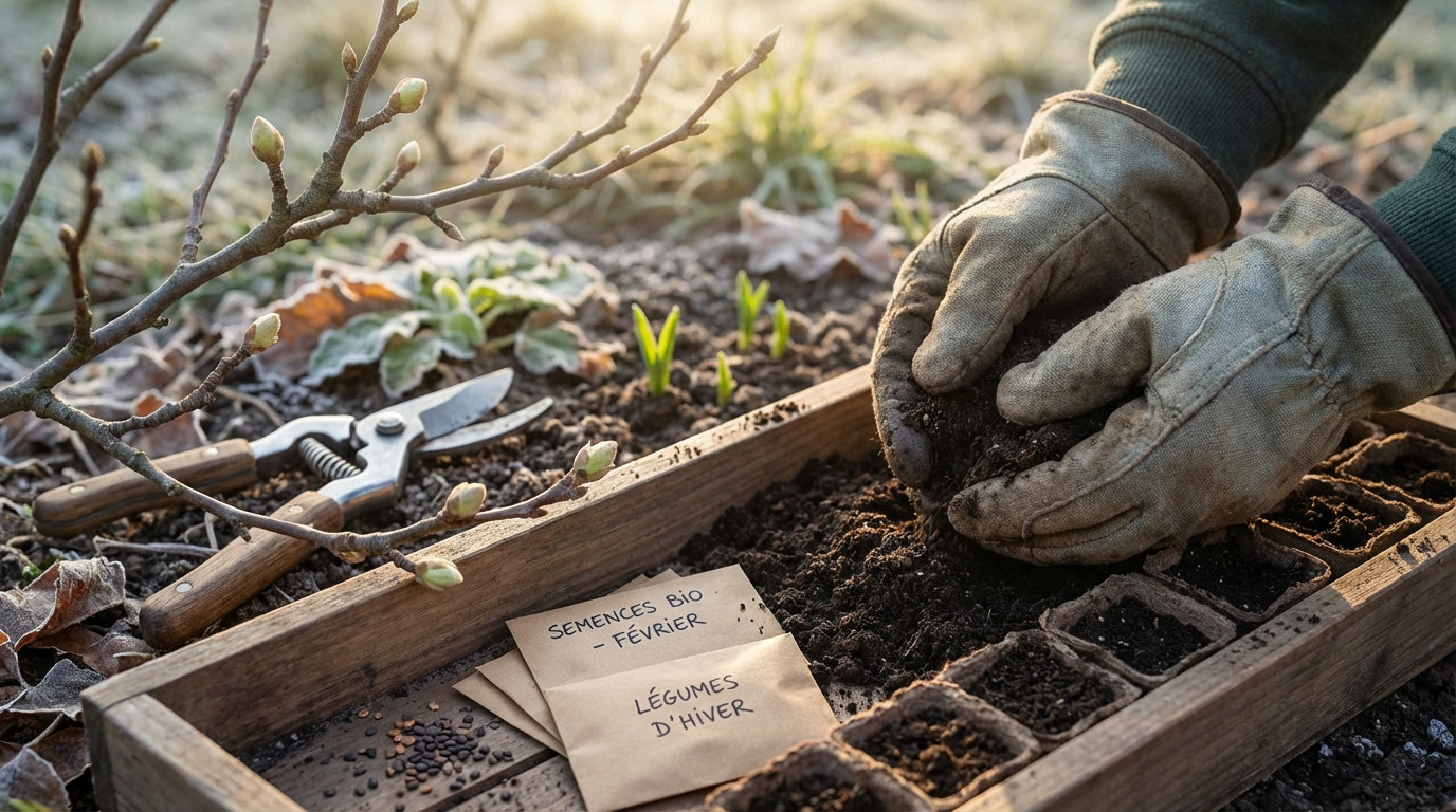 Jardin en février avec grelinette et semis de tomates pour un sol vivant