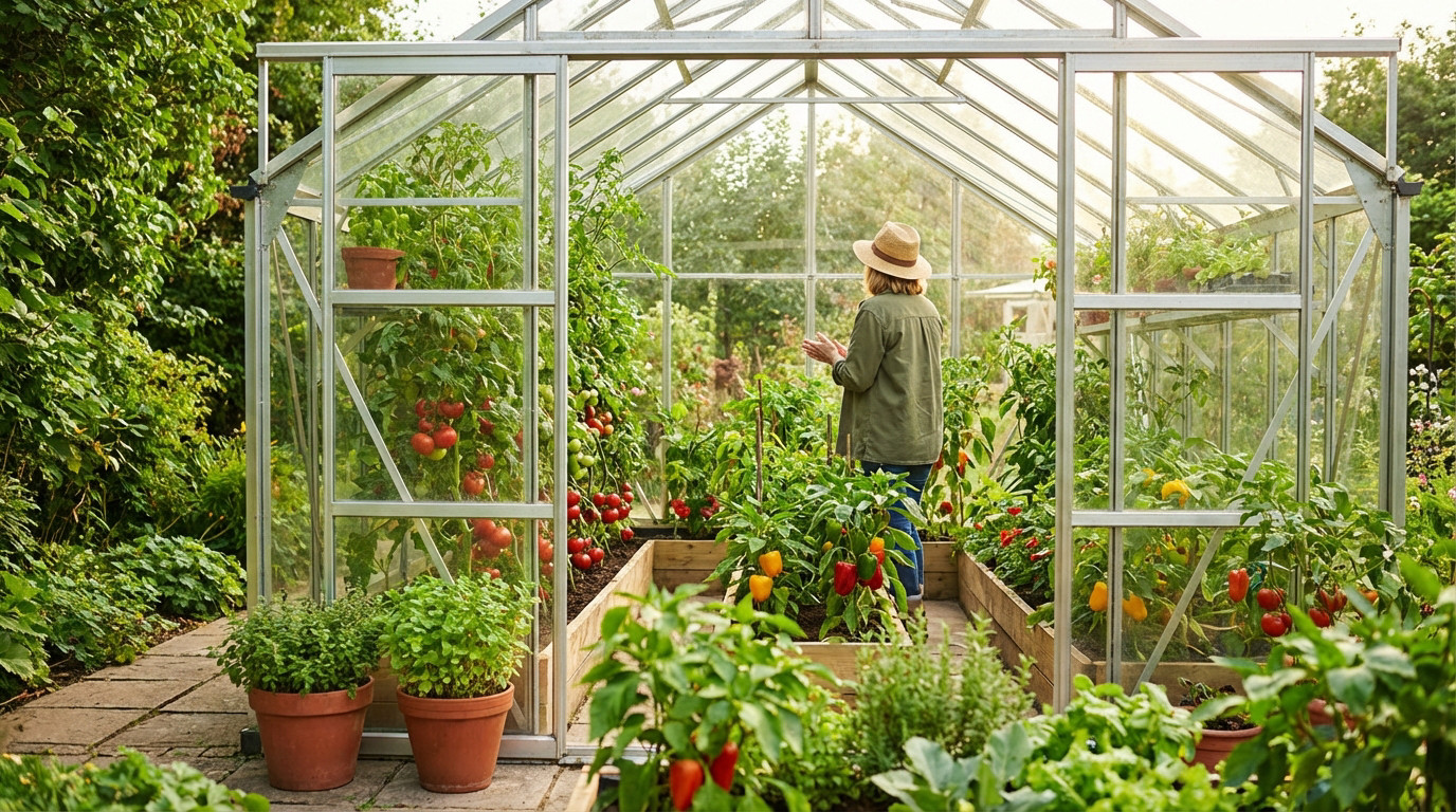 A person in a hat stands in a vibrant greenhouse filled with ripening tomatoes, peppers, and herbs under bright natural light.