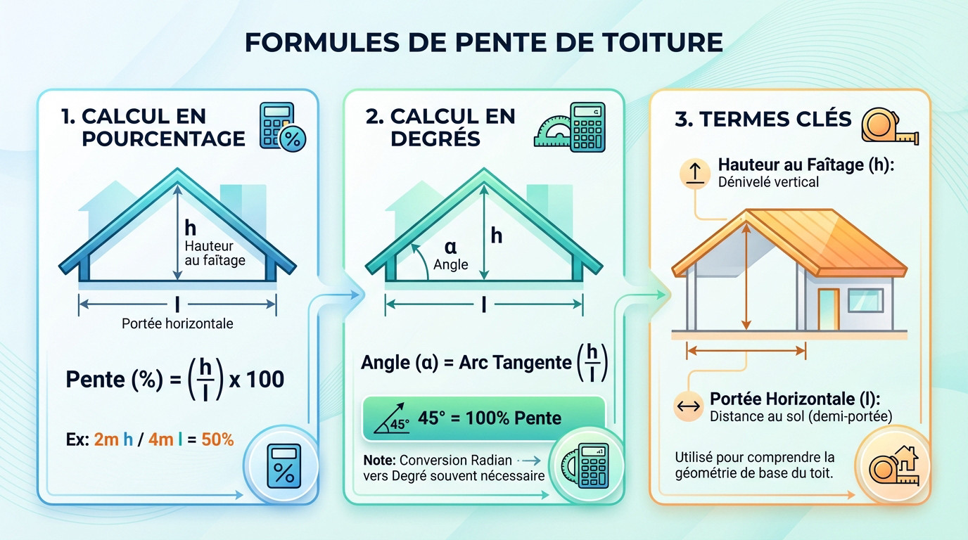Schéma explicatif des formules pour calculer la pente d'un toit