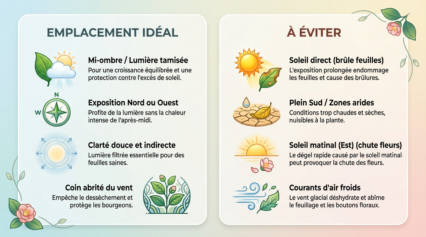 Schéma montrant l'emplacement idéal pour planter un camélia à l'ombre ou mi-ombre