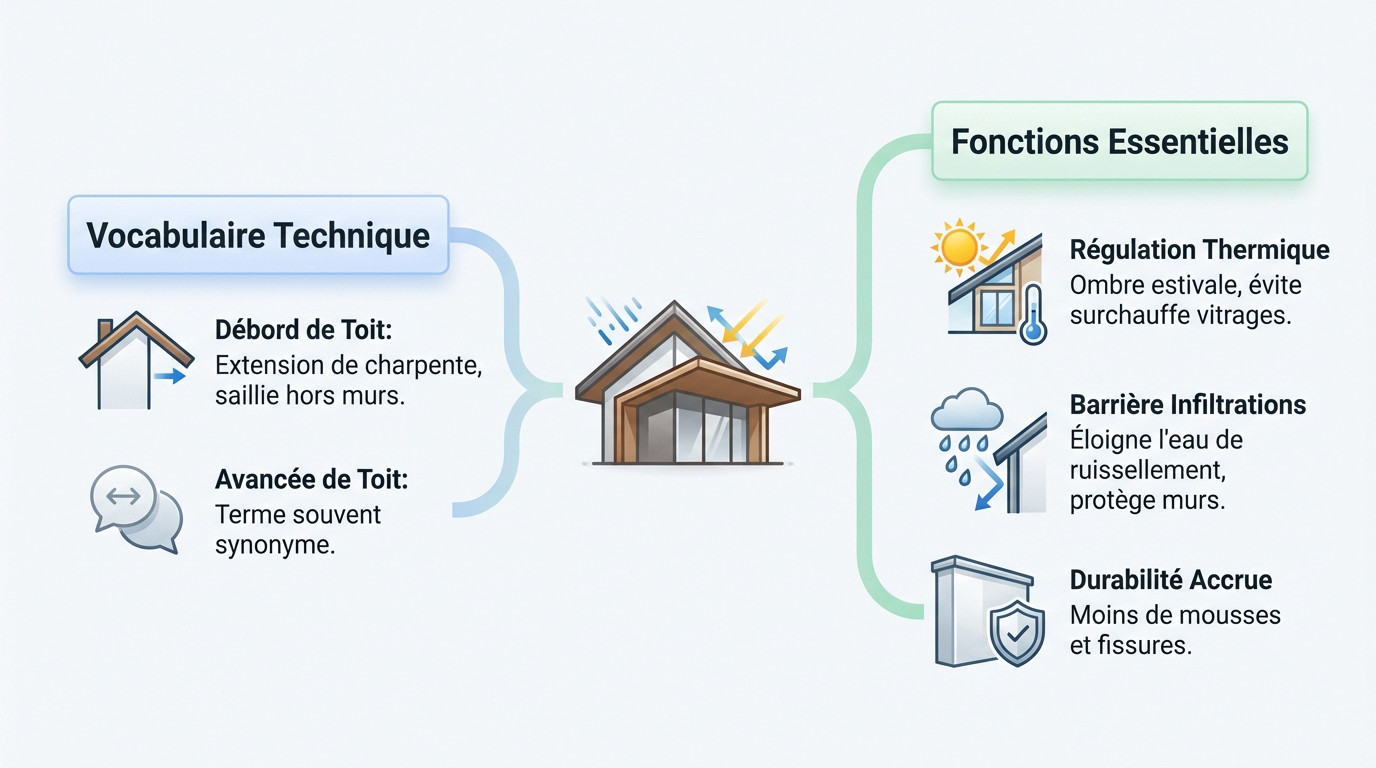 Schéma technique montrant un avant-toit de maison et ses composants