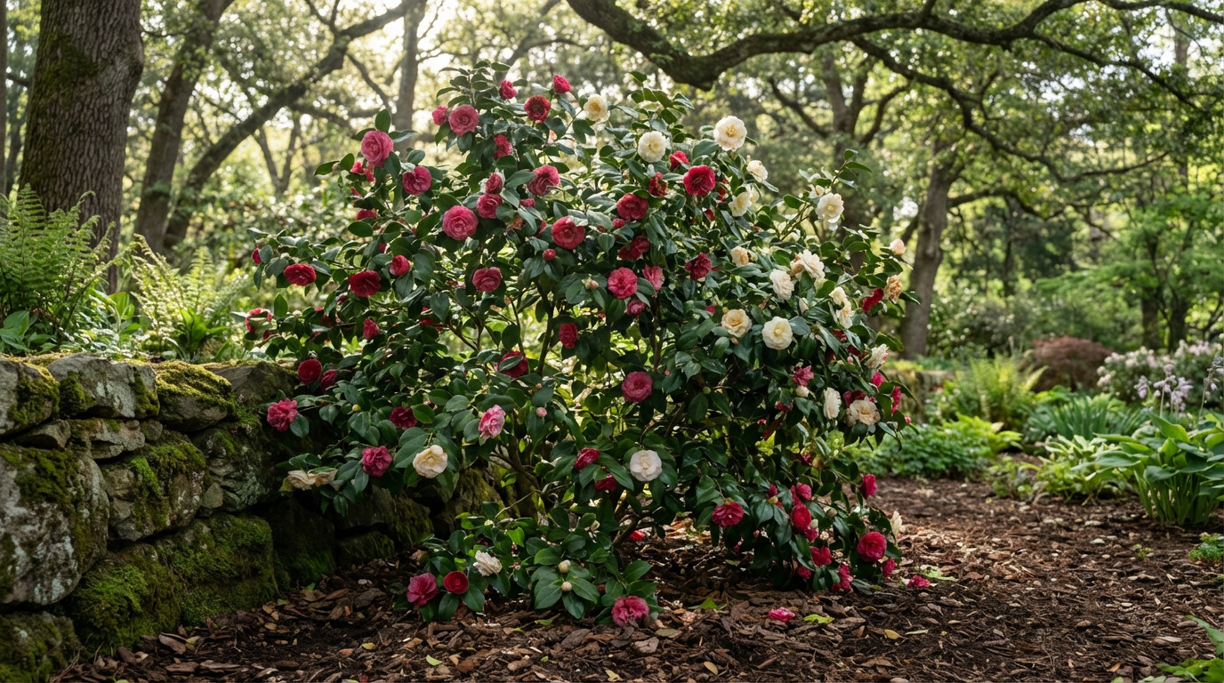 Camélia en pleine floraison dans un jardin mi-ombre, idéal pour une plantation réussie