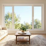 A modern living room with a large white PVC window, bright natural light, a beige sofa, and a coffee table with a plant. Green trees visible outside.