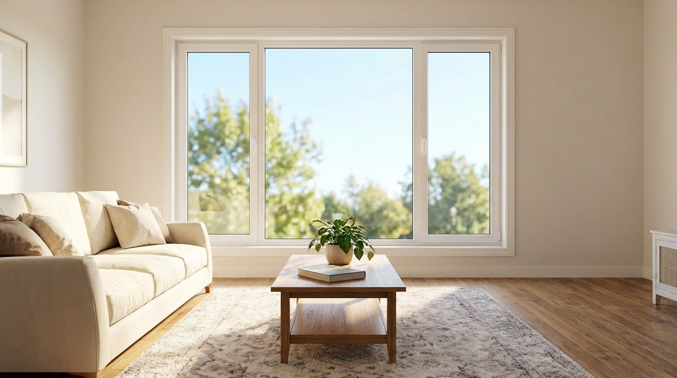 A modern living room with a large white PVC window, bright natural light, a beige sofa, and a coffee table with a plant. Green trees visible outside.