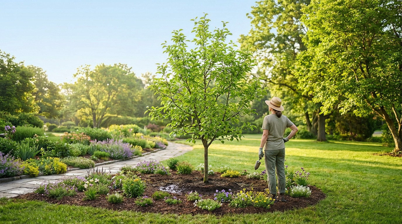 Arbre adapté pour jardin, montrant racines et feuillage, idéal pour plantation sécurisée