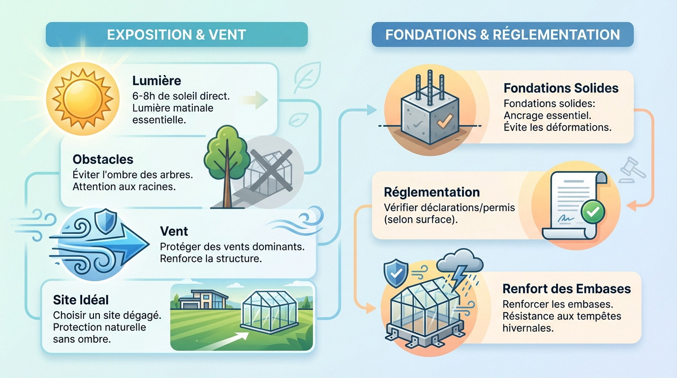 Sch&eacute;ma illustrant l'orientation id&eacute;ale est-ouest et l'exposition au soleil pour une serre de jardin