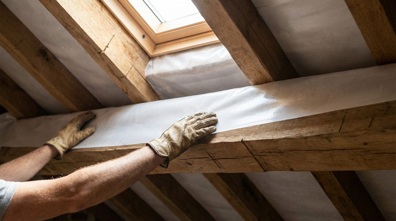 Sous toit en PVC installé sur une charpente, offrant protection et esthétique