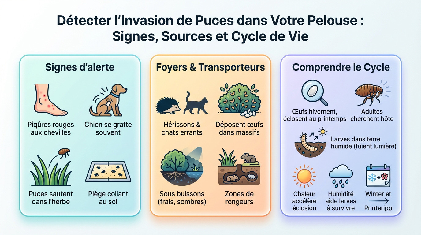 Signes d'une invasion de puces dans la pelouse d'un jardin