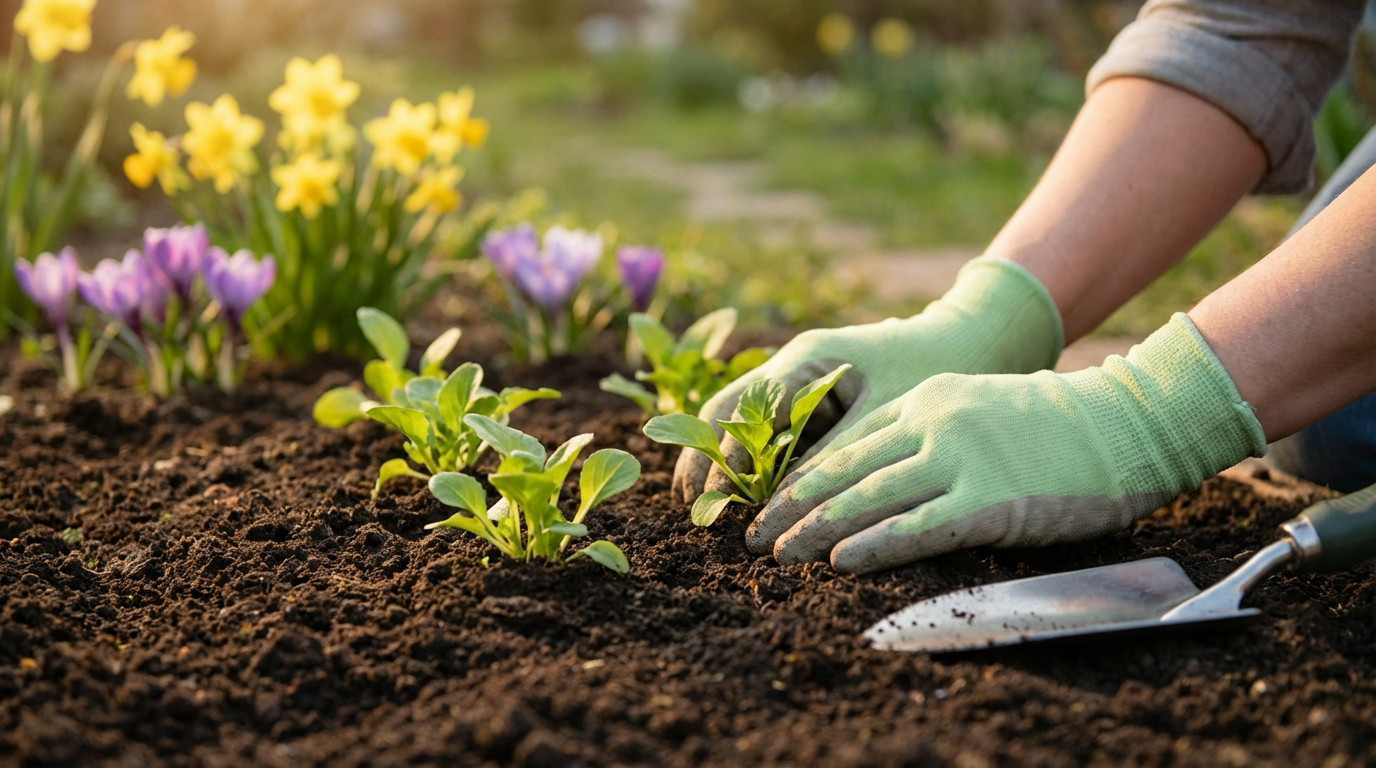 Jardin en mars avec semis de tomates et sol aéré, préparation du potager