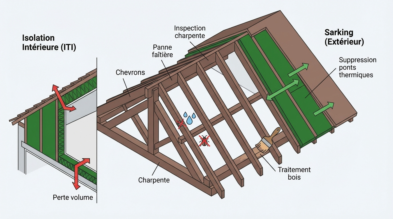 Comparaison entre isolation de toiture par l'intérieur et technique du sarking par l'extérieur