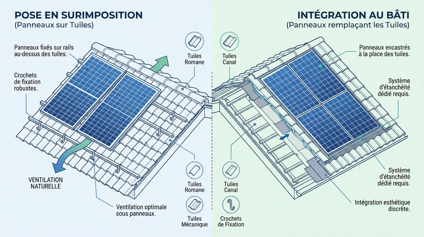 Comparaison technique entre la pose de panneaux solaires en surimposition et l'intégration au bâti sur une toiture