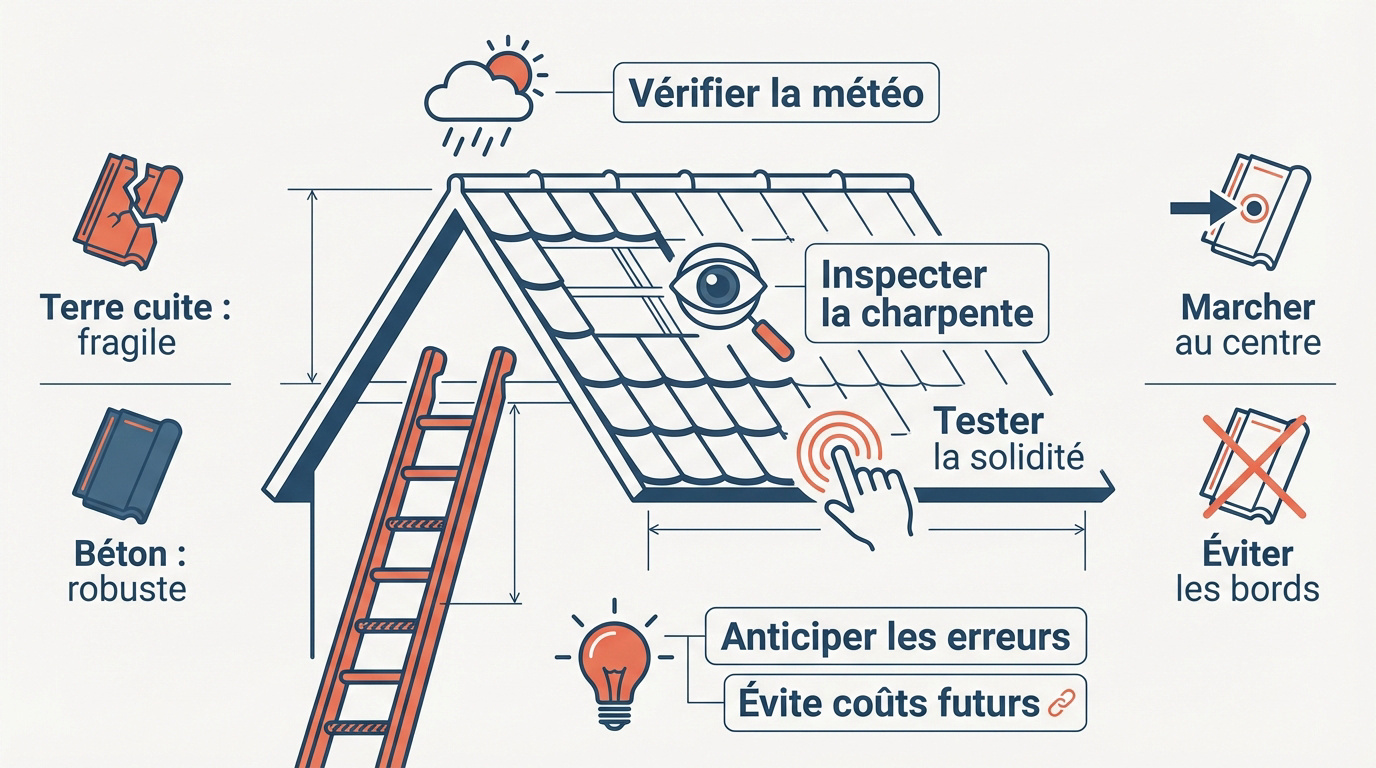 Bricoleur sécurisé avec harnais sur un toit en tuiles