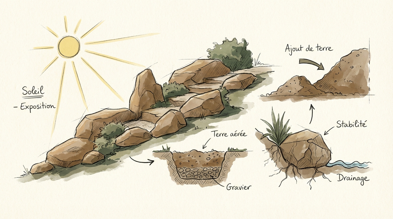 Mise en place des rochers et préparation du sol pour une rocaille de jardin