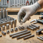 Main gantée tenant un ressort, au milieu de diverses goupilles métalliques et outils (marteaux, pied à coulisse) sur un établi d'atelier.