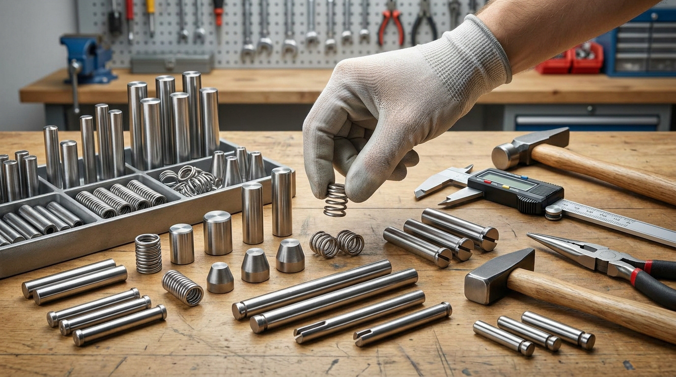 Main gantée tenant un ressort, au milieu de diverses goupilles métalliques et outils (marteaux, pied à coulisse) sur un établi d'atelier.