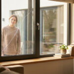 Une femme préoccupée observe une fenêtre de maison moderne dont le verre est brisé, montrant des fissures au centre de la vitre.