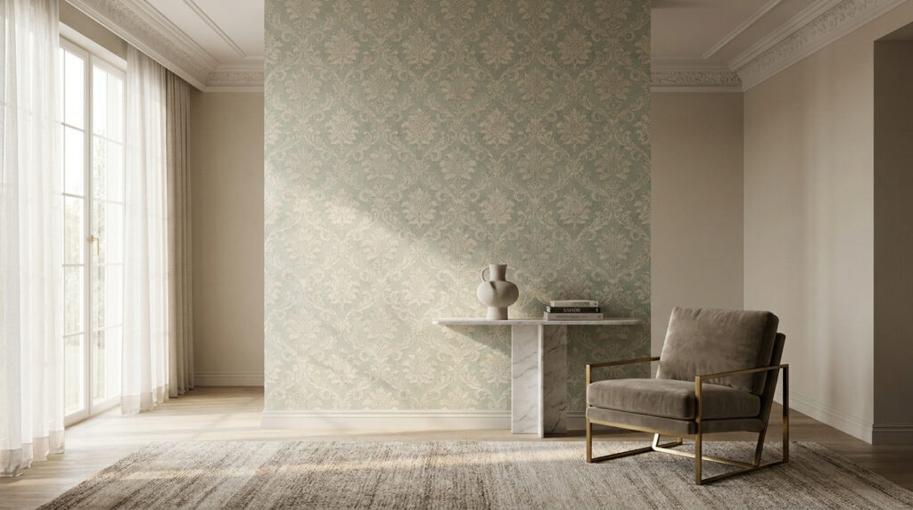 Salon chic avec papier peint damassé vert sauge, console en marbre et fauteuil moderne élégant dans une pièce lumineuse.