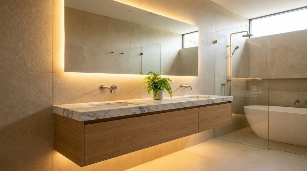 Salle de bain moderne avec double vasque, plan en marbre, meubles en bois et éclairage LED chaleureux.