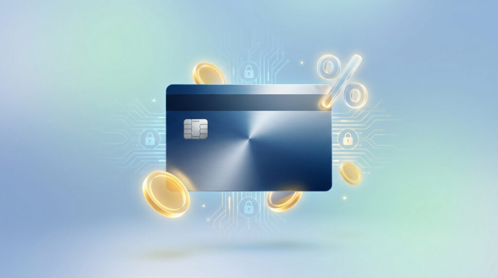 Carte bancaire bleue entourée de pièces d'or, d'icônes de cadenas et d'un symbole de pourcentage sur fond technologique.