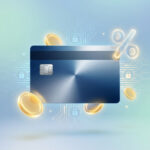 Carte bancaire bleue entourée de pièces d'or, d'icônes de cadenas et d'un symbole de pourcentage sur fond technologique.