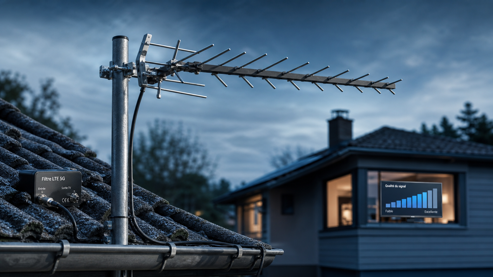 Antenne rateau sur toit pour réception TNT sans mosaïque