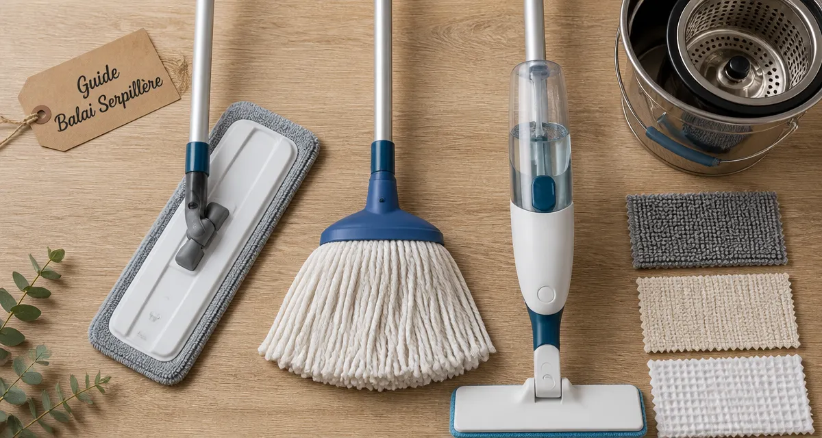 balai serpillère différents types sur plan de travail bois