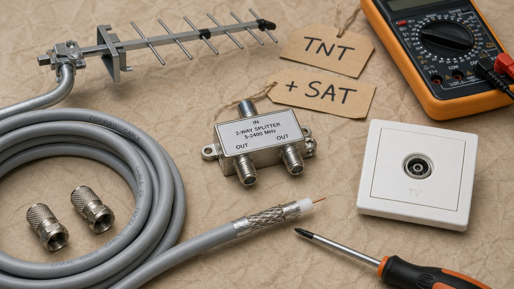 Branchement antenne tv schema : câble coaxial, prise TV et répartiteur