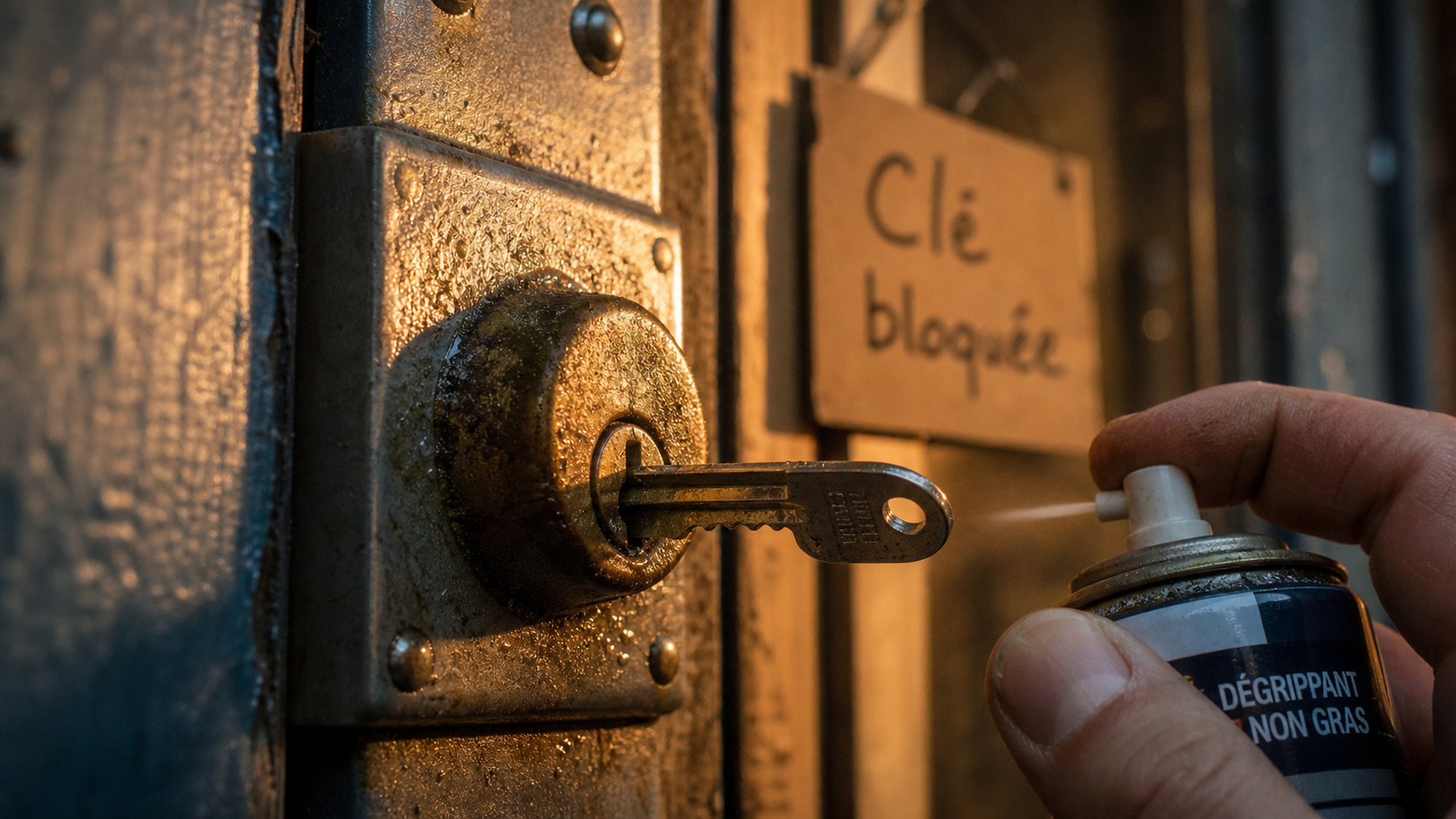 Clé bloquée dans la serrure, spray dégrippant près du barillet