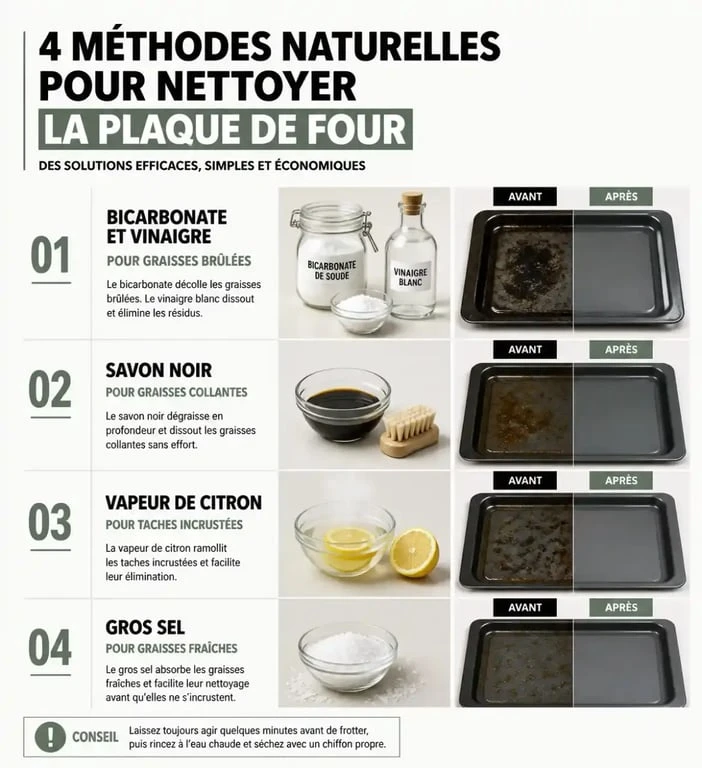 Infographie des méthodes naturelles pour nettoyer une plaque de four encrassée