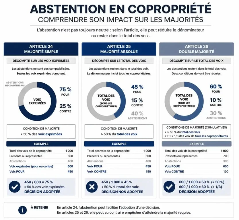 Infographie expliquant l'impact de l'abstention lors d'un vote en AG de copropriété selon les articles 24, 25 et 26