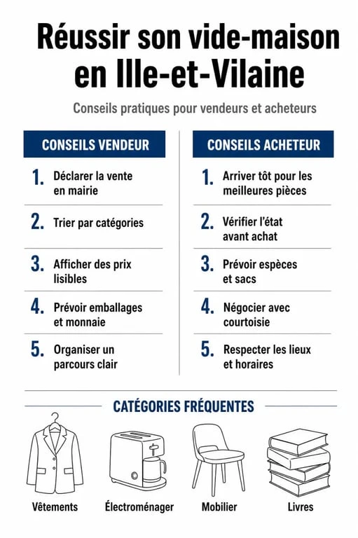 Infographie des conseils pour réussir son vide-maison 35 : astuces pour vendeurs et acheteurs.