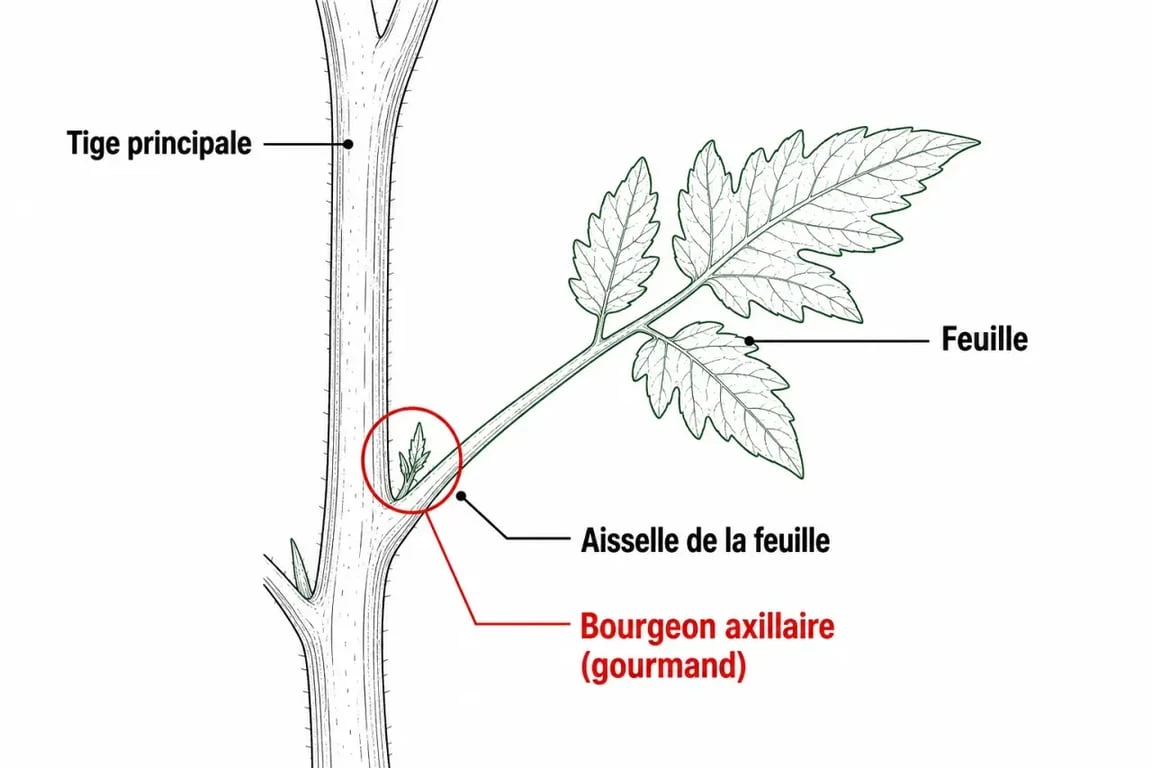 Schéma explicatif pour identifier un gourmand de tomate sur un plant